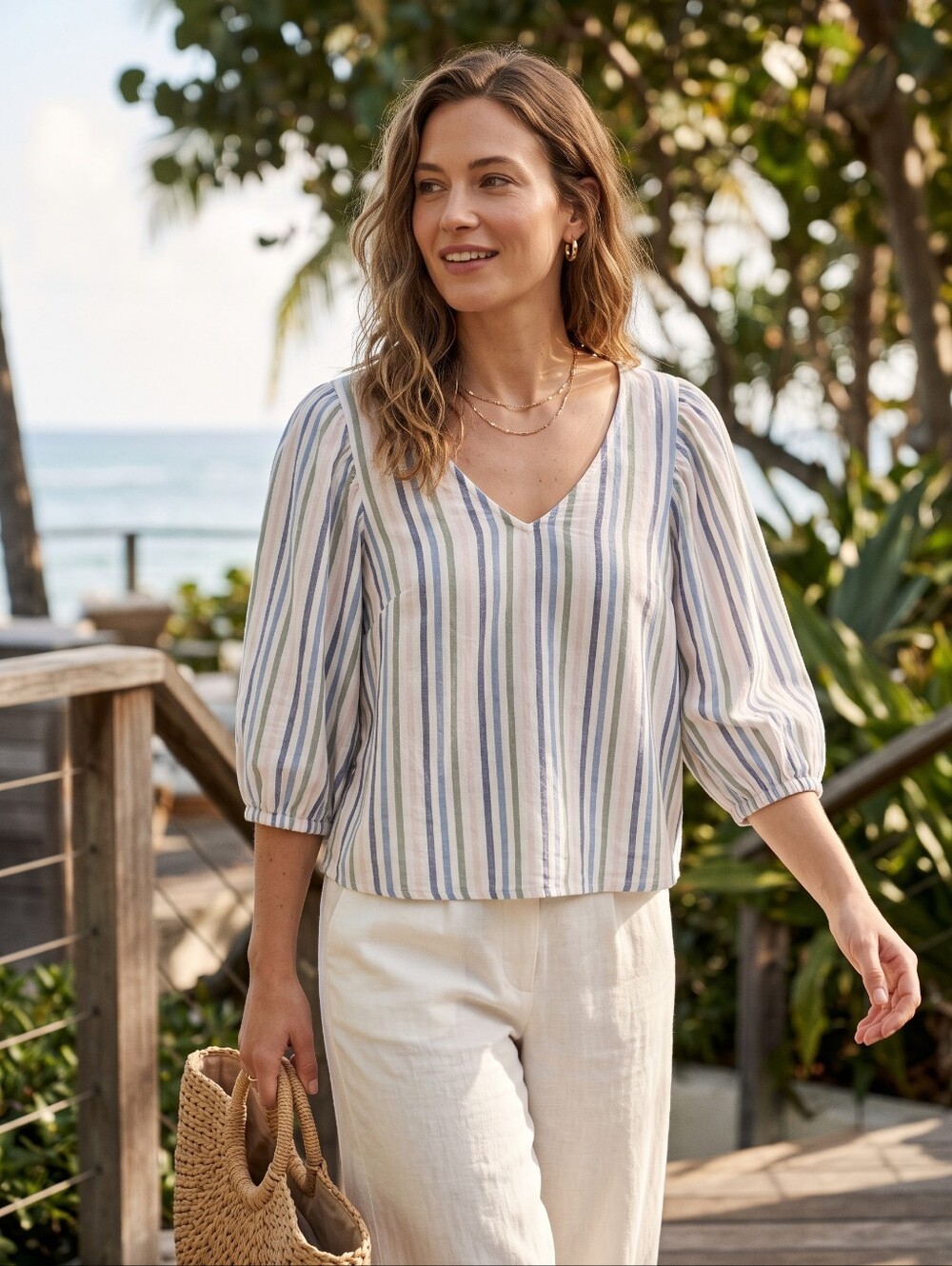 Caslon Coastal Grandmother Striped Linen Blend Puff Sleeve Resortcore Blouse